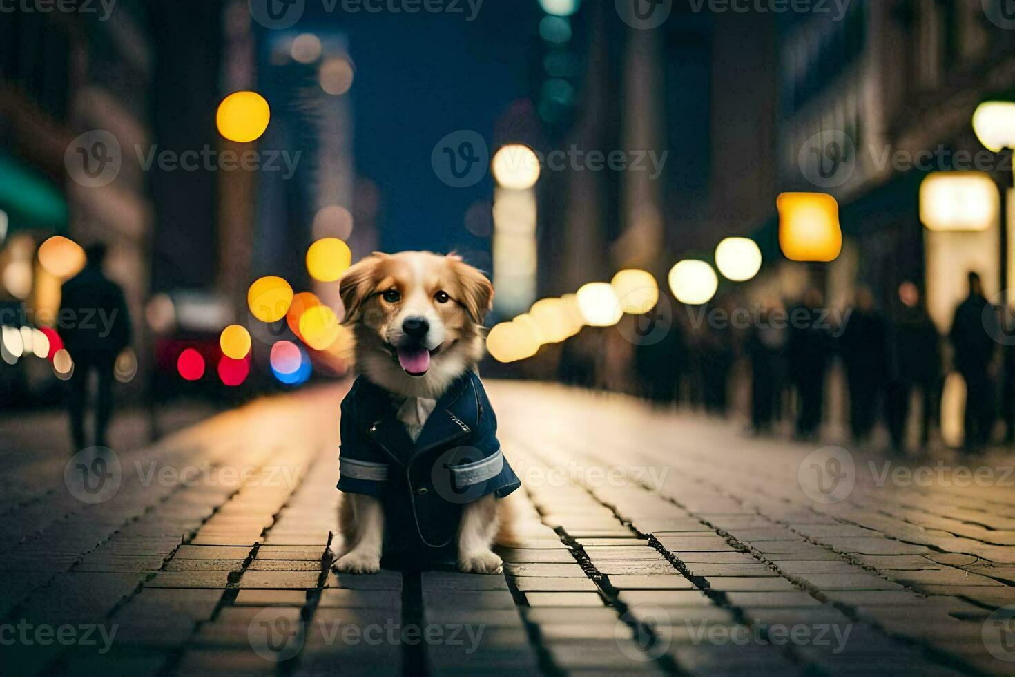 a dog wearing a jacket sitting on the sidewalk at night. AI-Generated photo