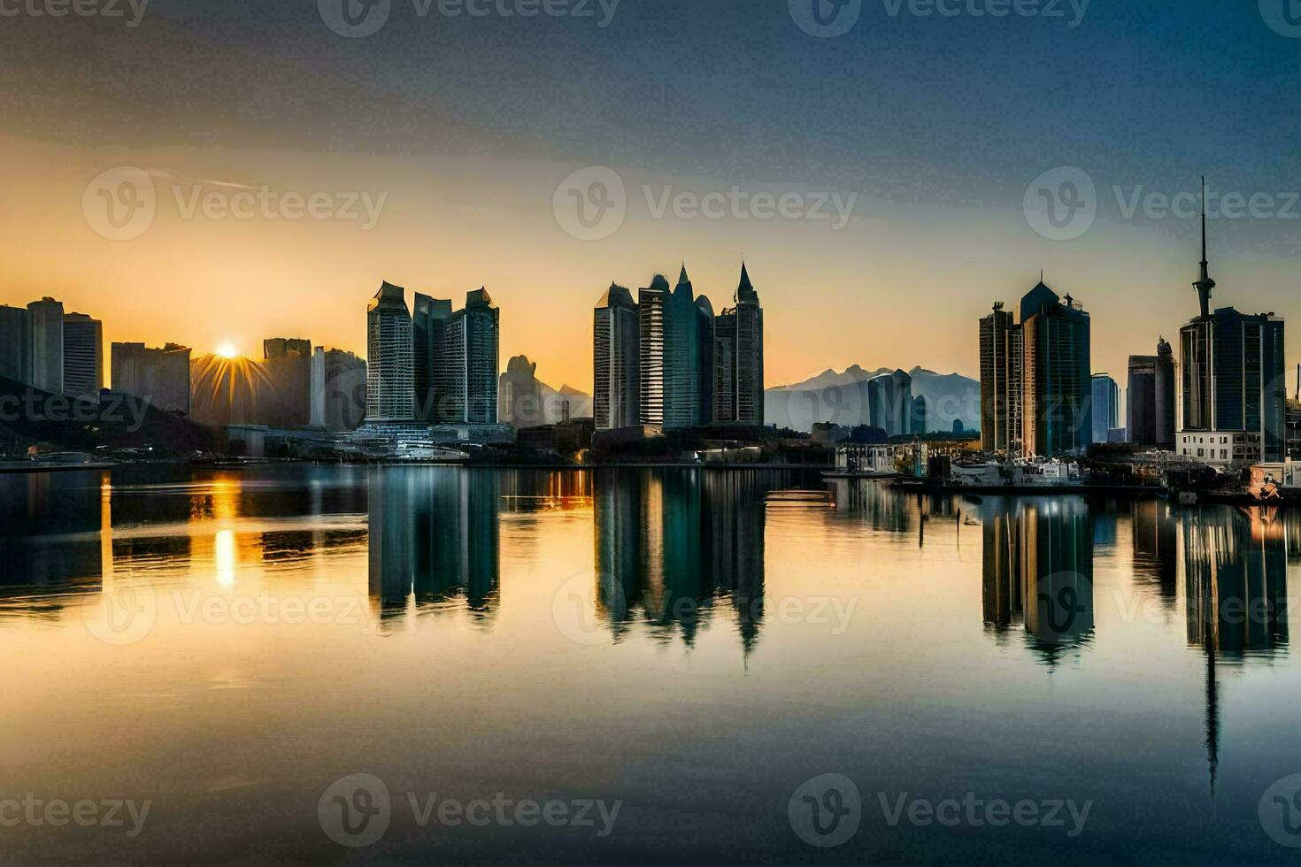 the city skyline is reflected in the water at sunset. AI-Generated photo