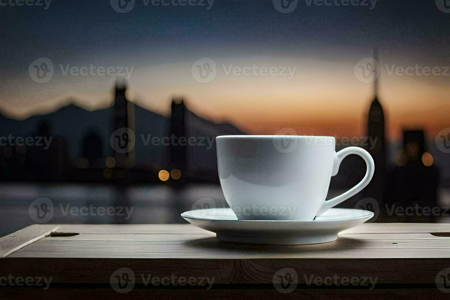 café taza en un de madera mesa con ciudad en el antecedentes. generado por ai foto