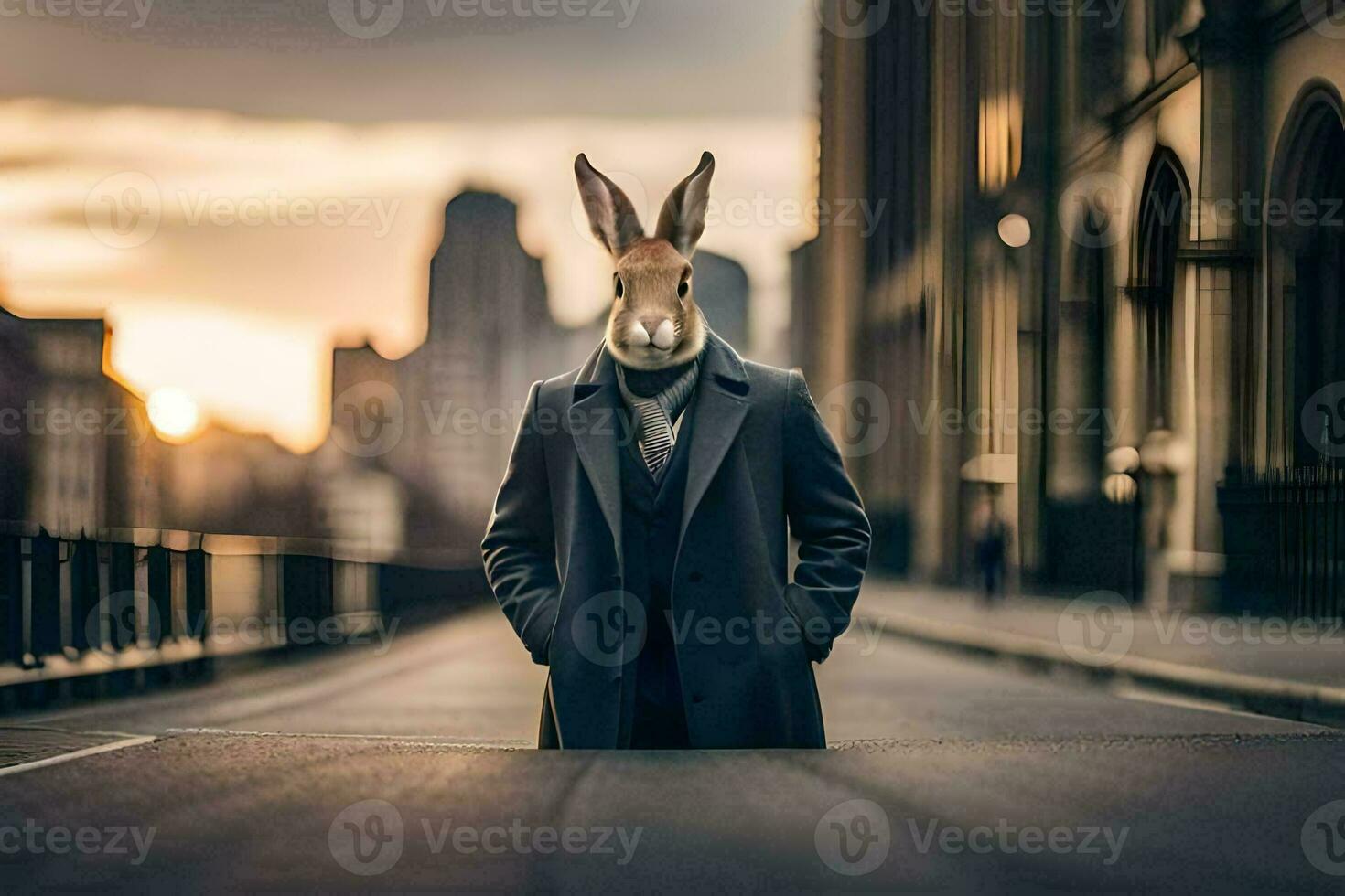 a rabbit wearing a suit and tie standing in the middle of a city street. AI-Generated photo