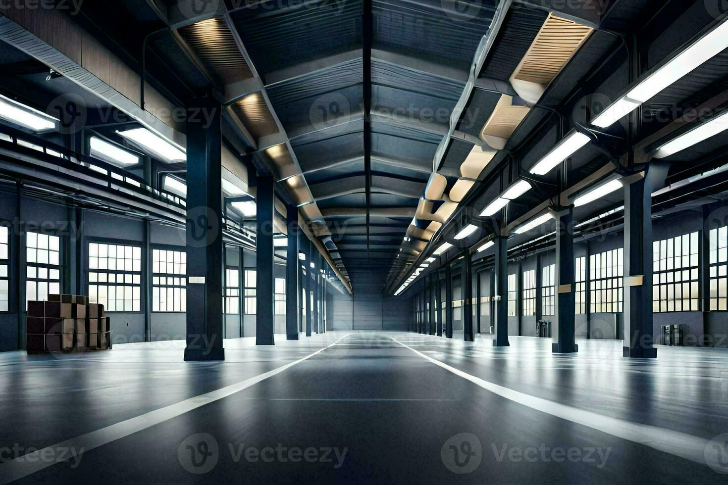 an empty warehouse with lots of windows and lots of light. AI-Generated photo