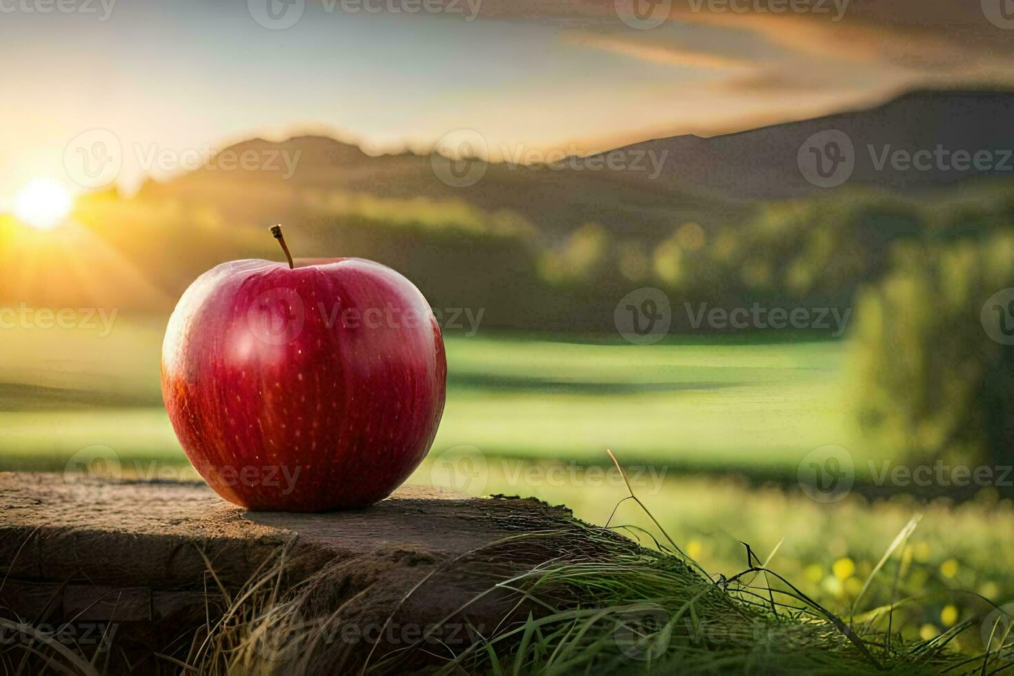 an apple sits on a stump in front of a field. AI-Generated photo