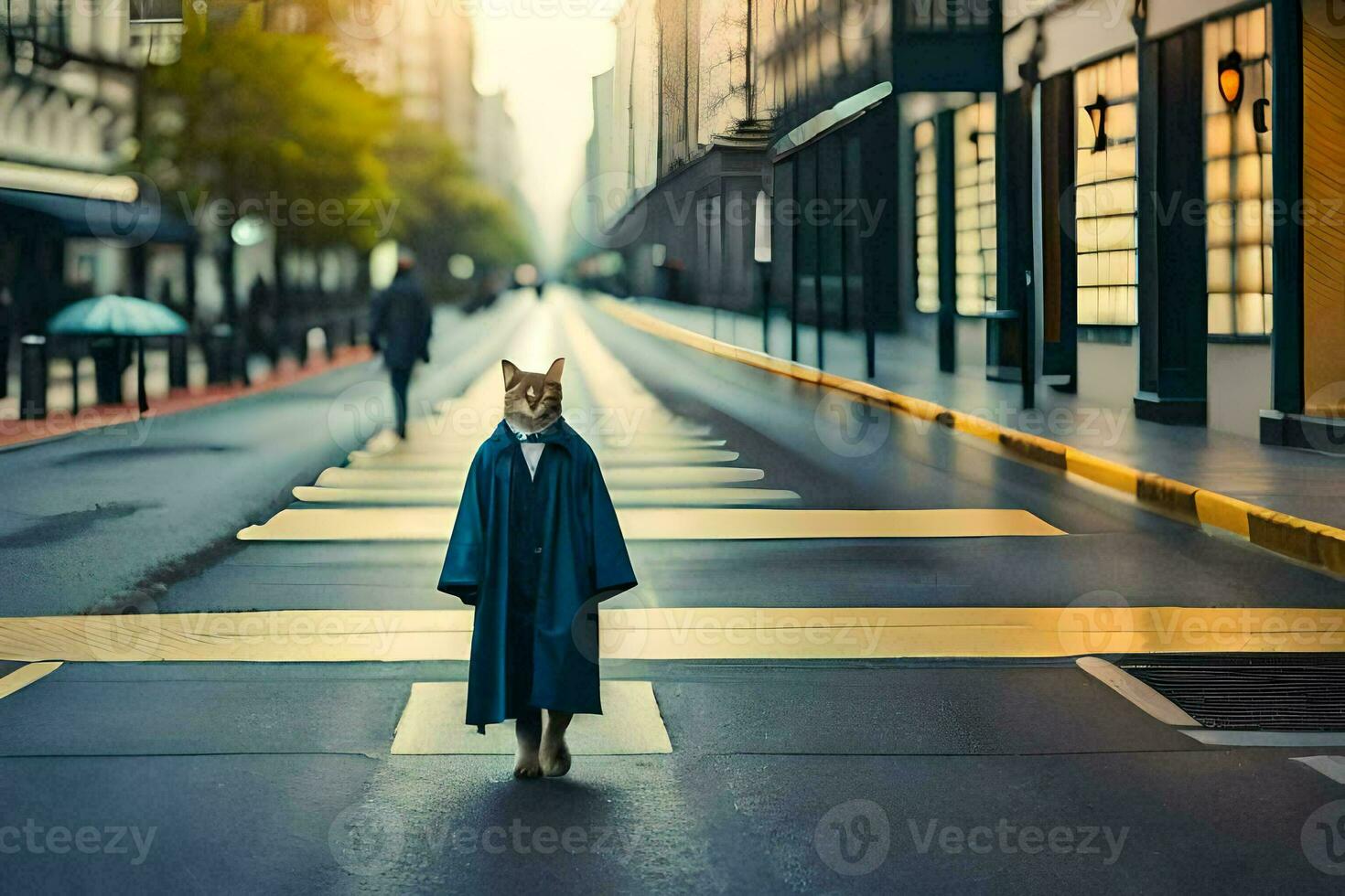 a cat in a blue robe standing on the street. AI-Generated photo