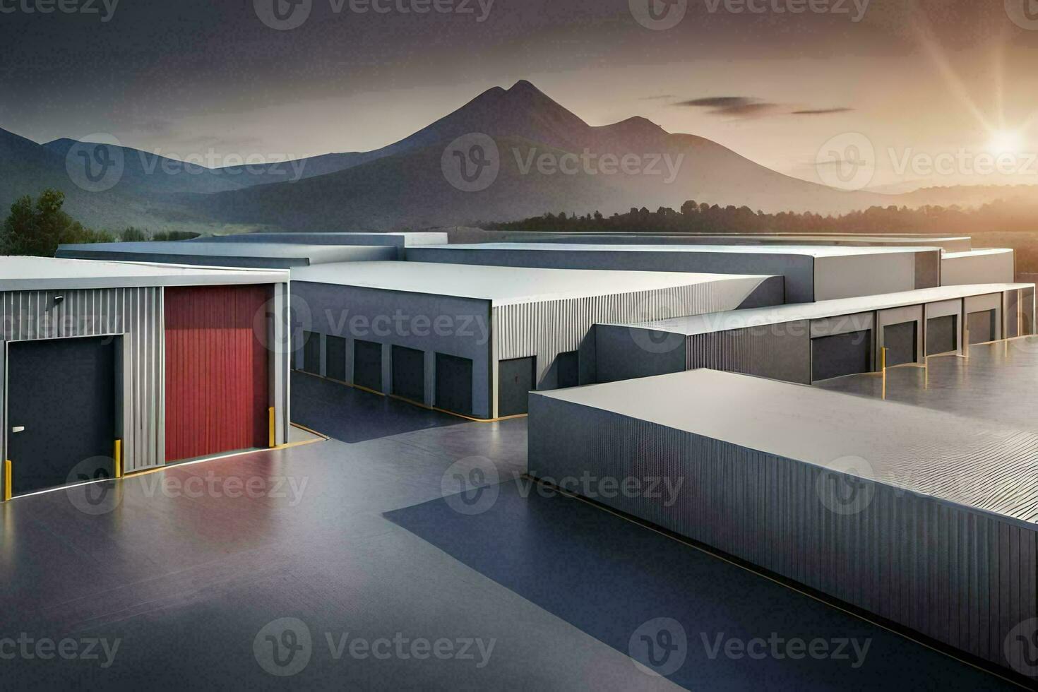a large warehouse with a red door and a mountain in the background. AI-Generated photo