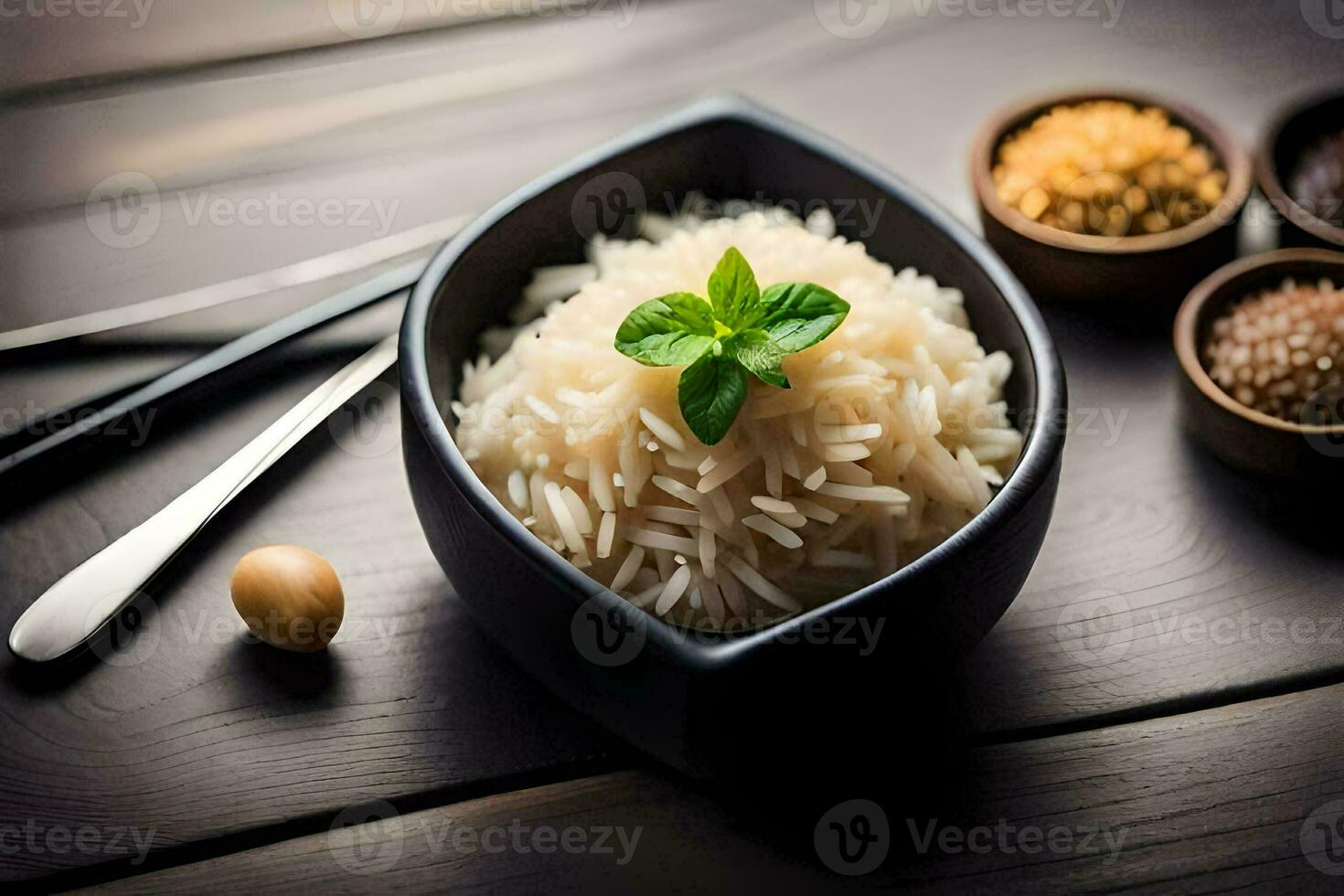 a bowl of rice with a leaf on top. AI-Generated photo