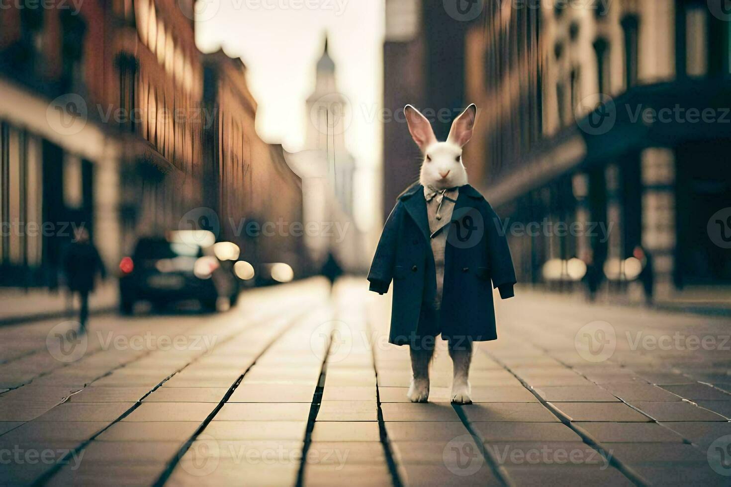 a rabbit in a coat and tie standing on a street. AI-Generated photo