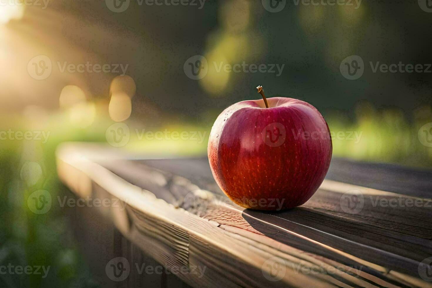 an apple sits on a wooden bench in the sun. AI-Generated photo