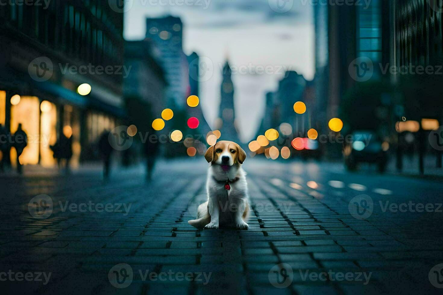 a dog sitting on the street in front of a city. AI-Generated photo