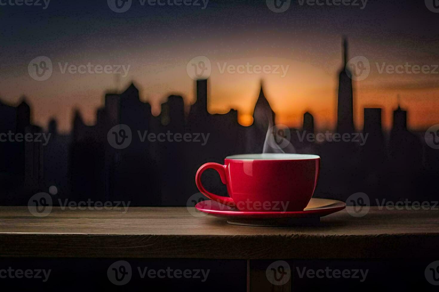 a cup of coffee on a wooden table in front of a city skyline. AI-Generated photo