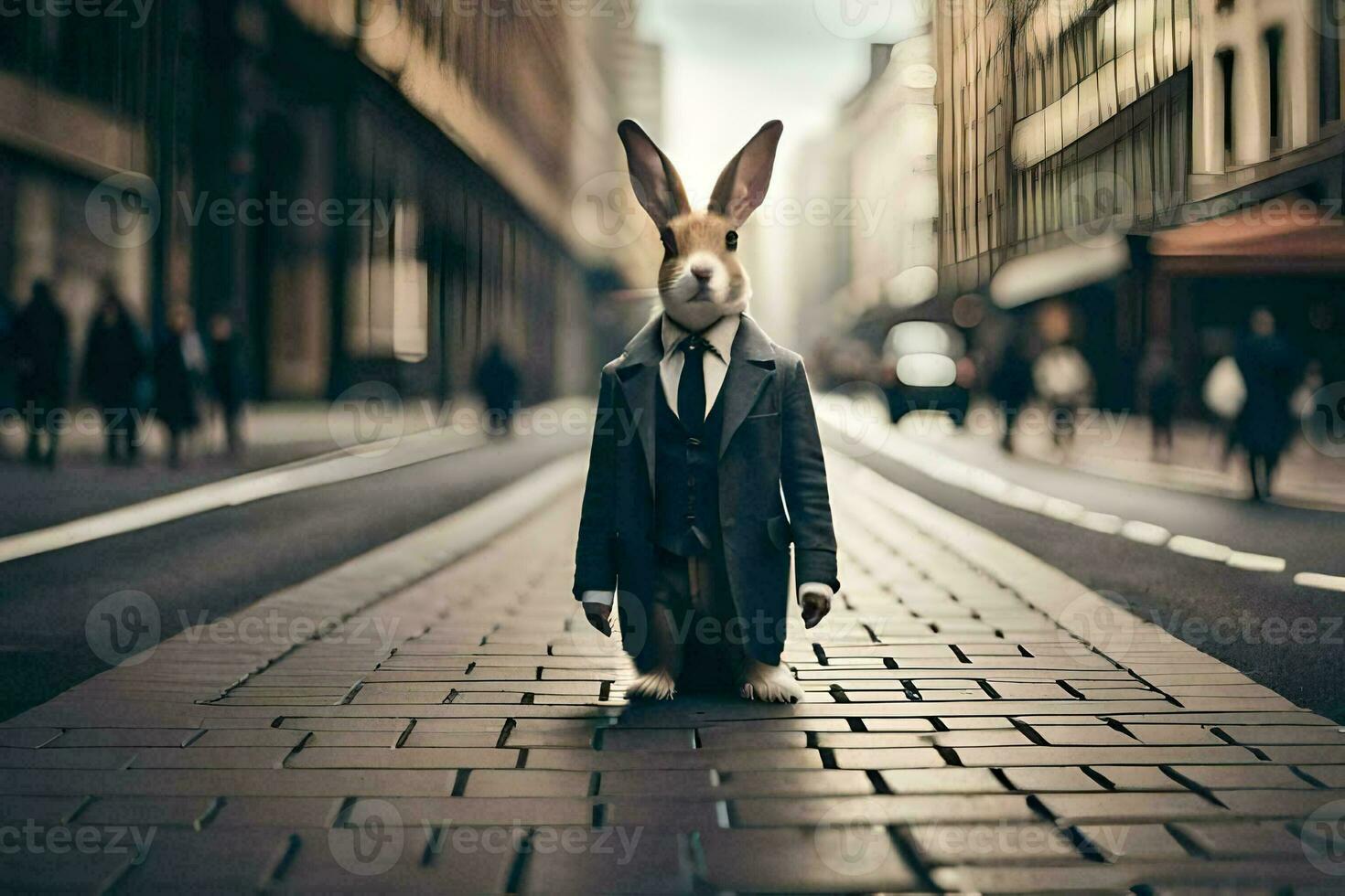 a rabbit dressed in a suit and tie standing on a street. AI-Generated photo