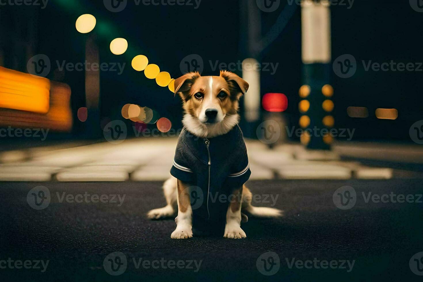 a dog wearing a jacket sitting on the street at night. AI-Generated photo