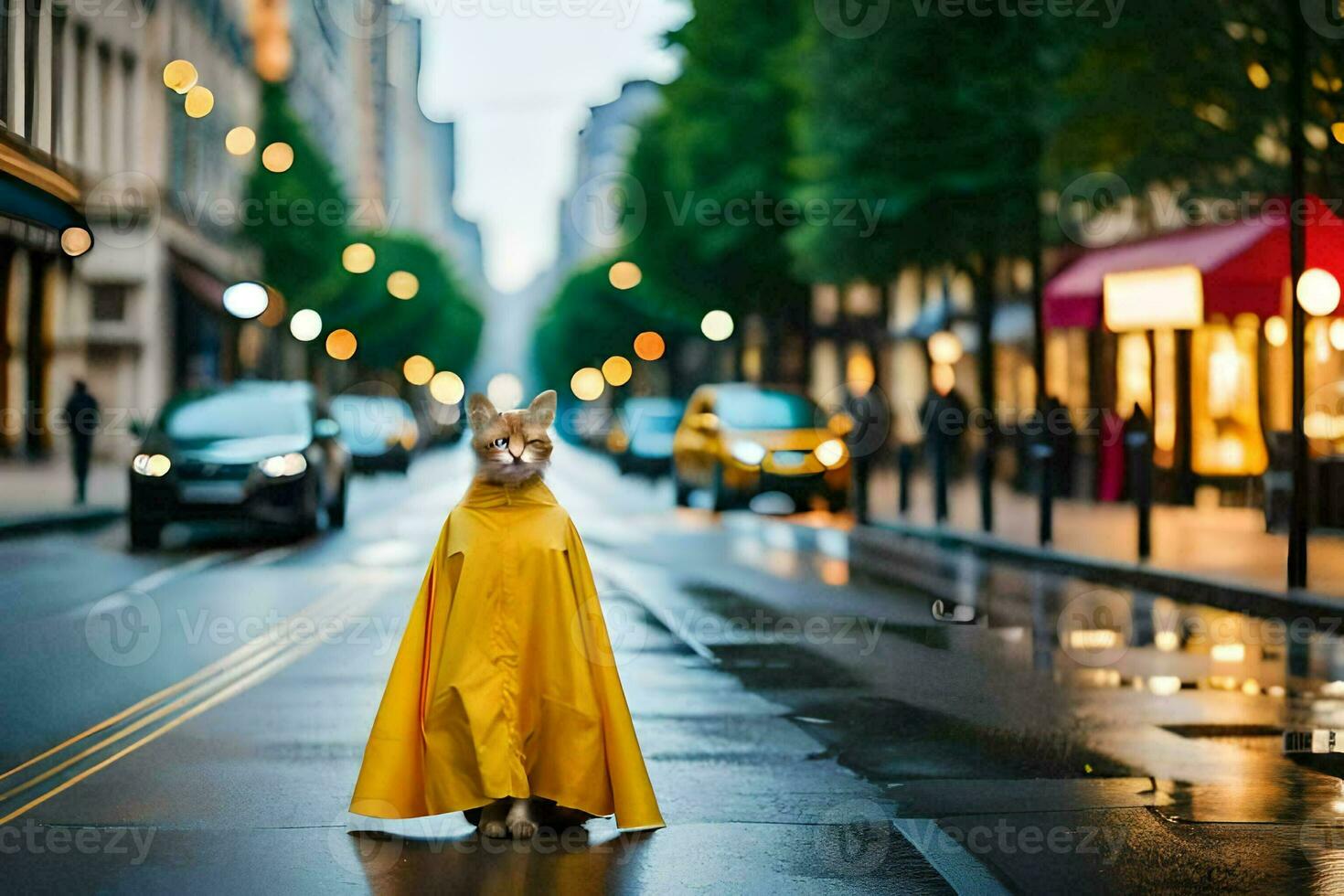 a dog wearing a yellow raincoat on a rainy street. AI-Generated photo