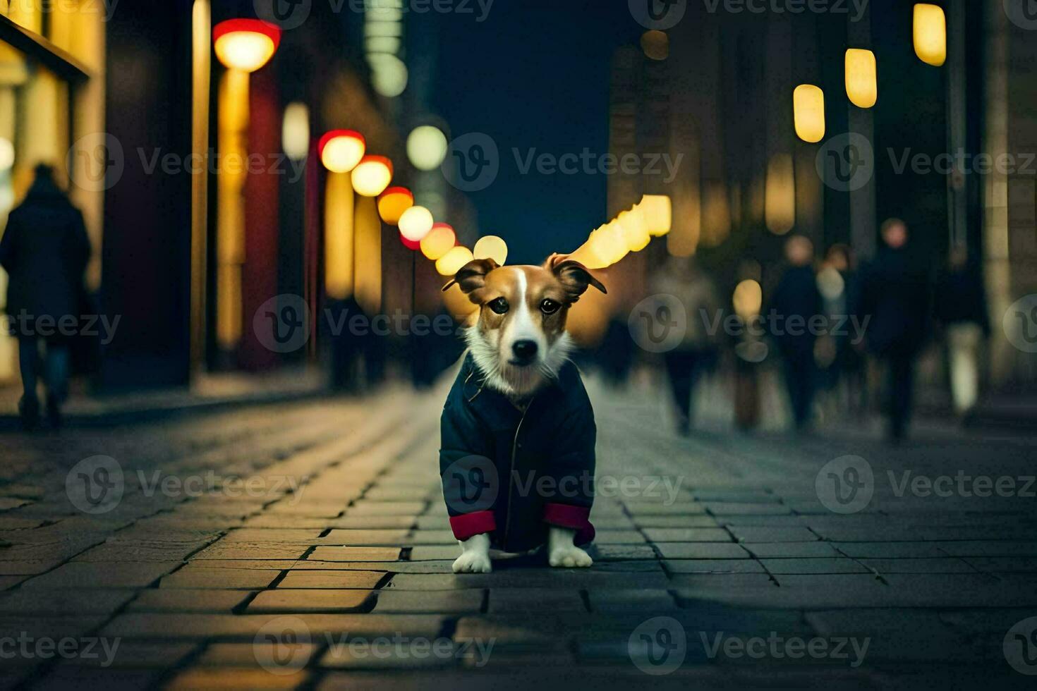 a dog wearing a jacket standing on a street at night. AI-Generated photo