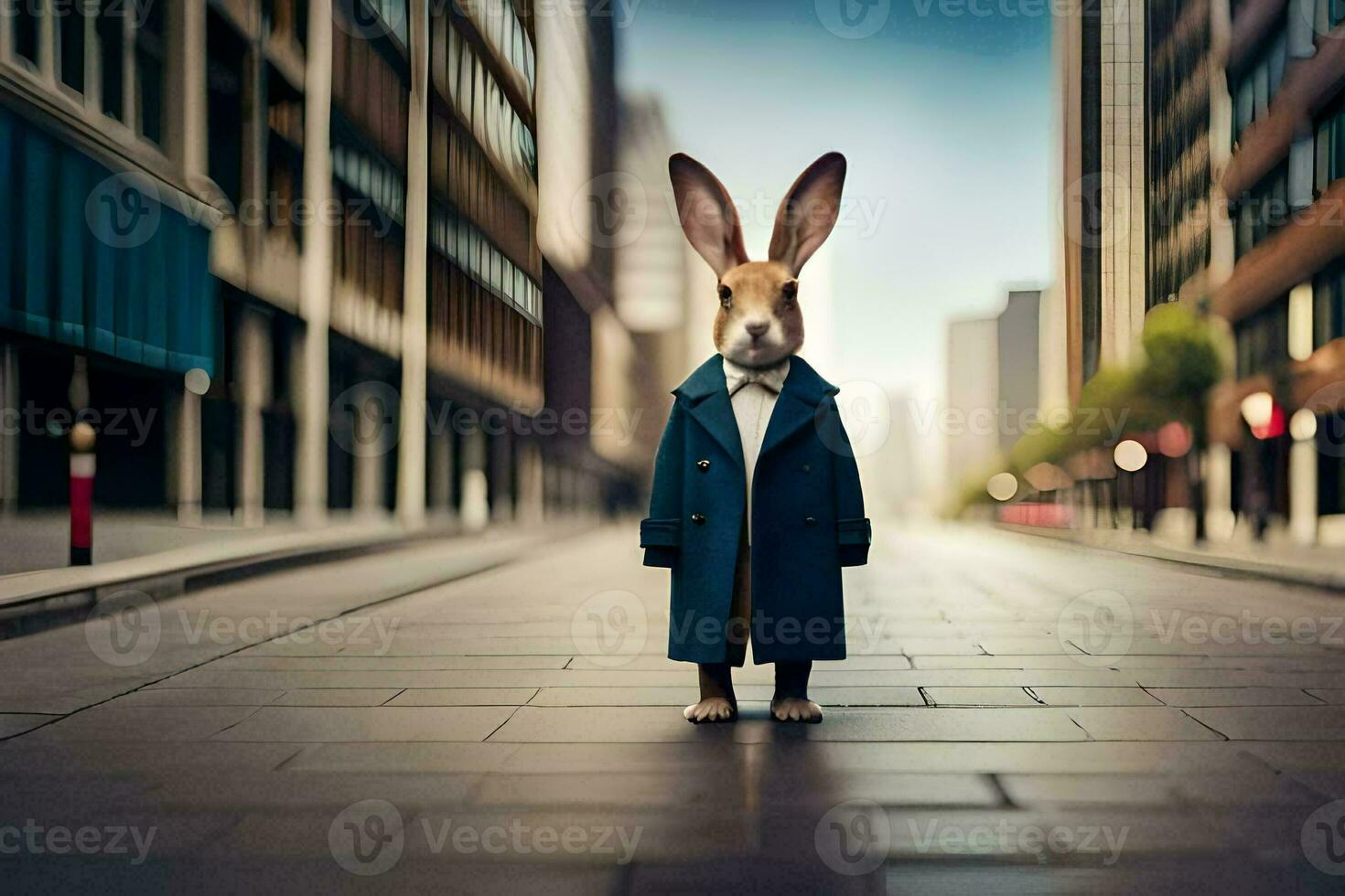 a rabbit in a blue coat standing in the middle of a city street. AI-Generated photo
