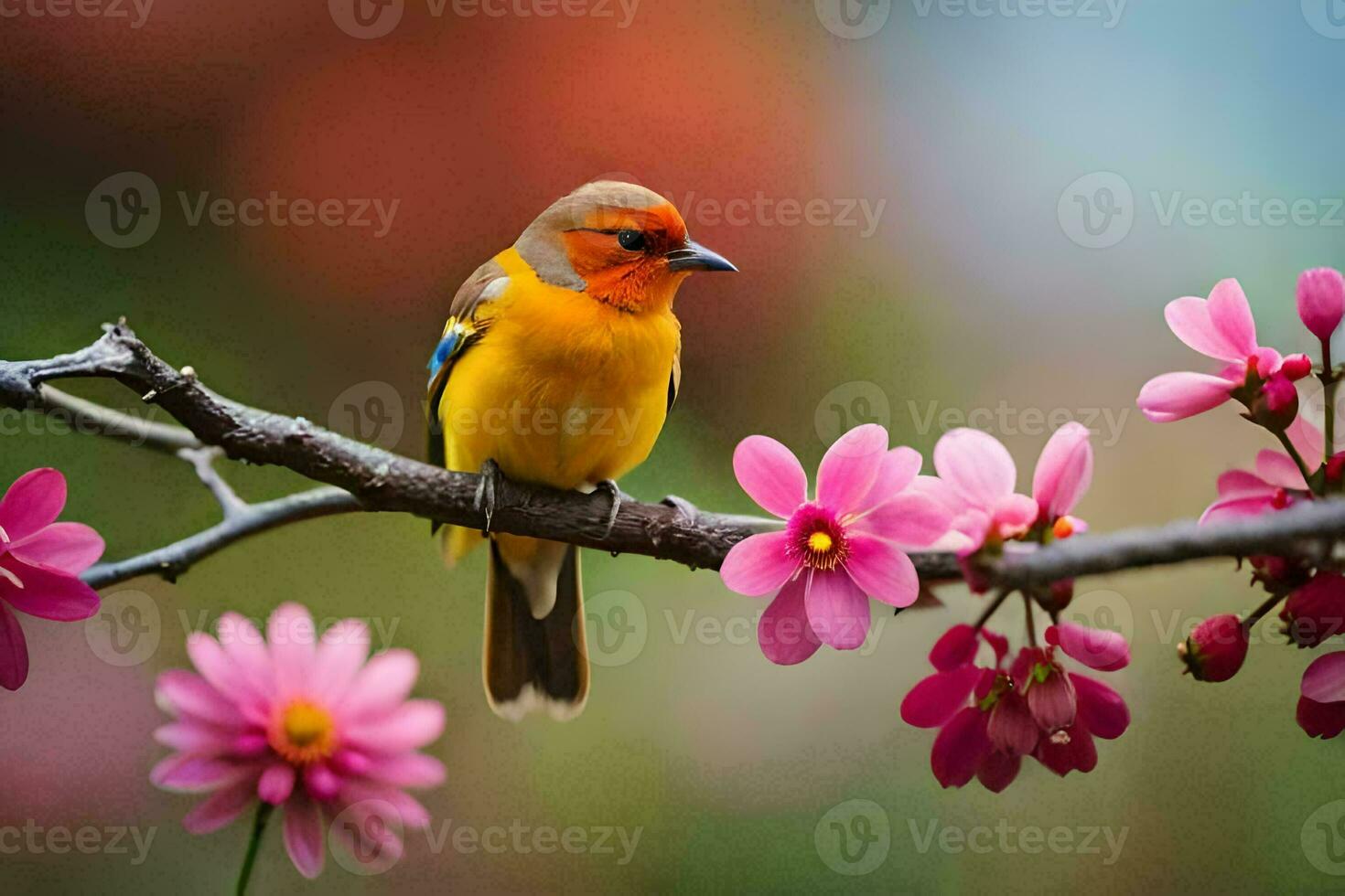 a small bird sits on a branch with pink flowers. AI-Generated photo