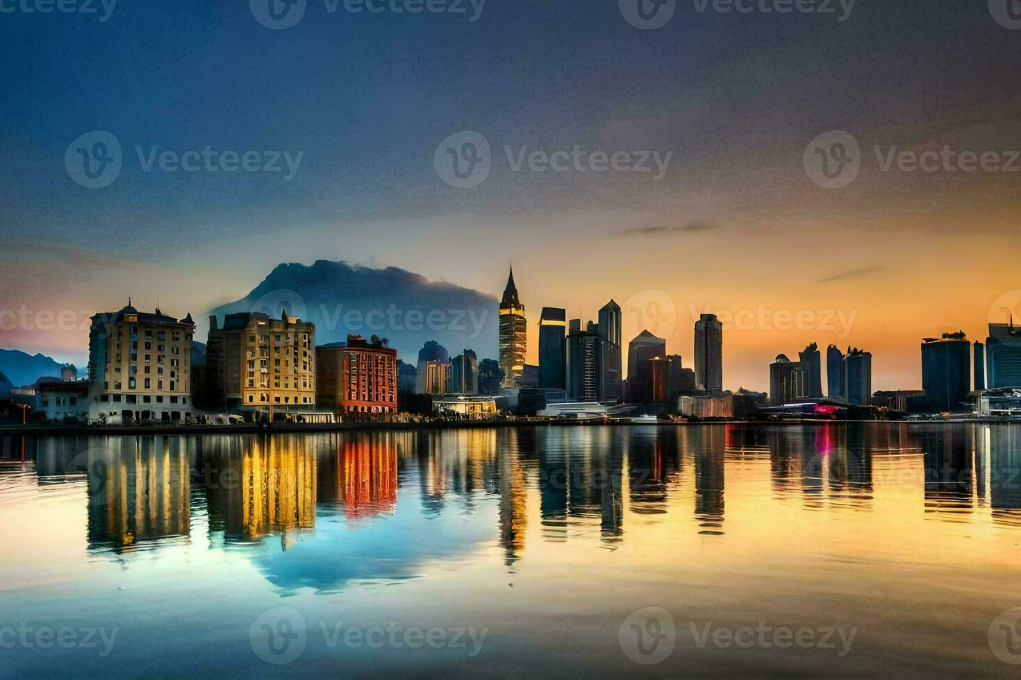 the city skyline is reflected in the water at sunset. AI-Generated photo