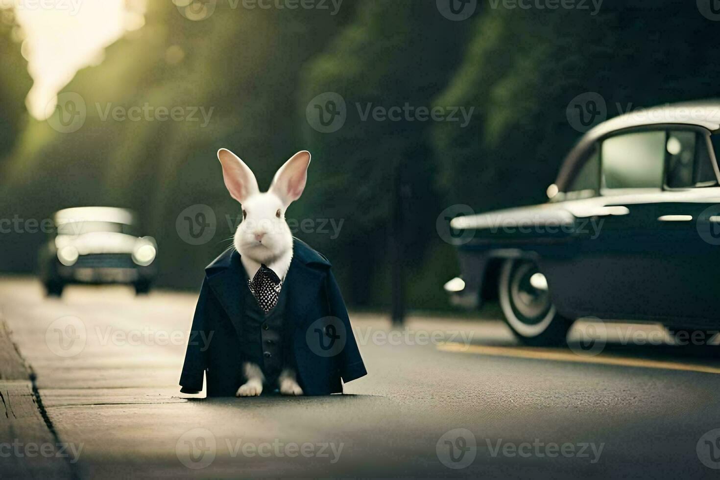 a rabbit in a suit and tie standing on the street. AI-Generated photo