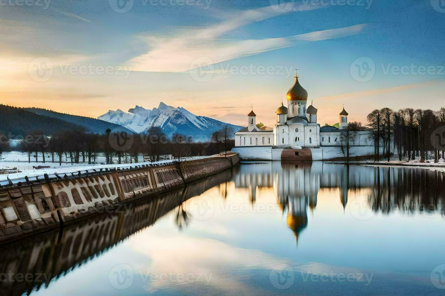 the kremlin at sunrise with the kremlin and mountains in the background. AI-Generated photo