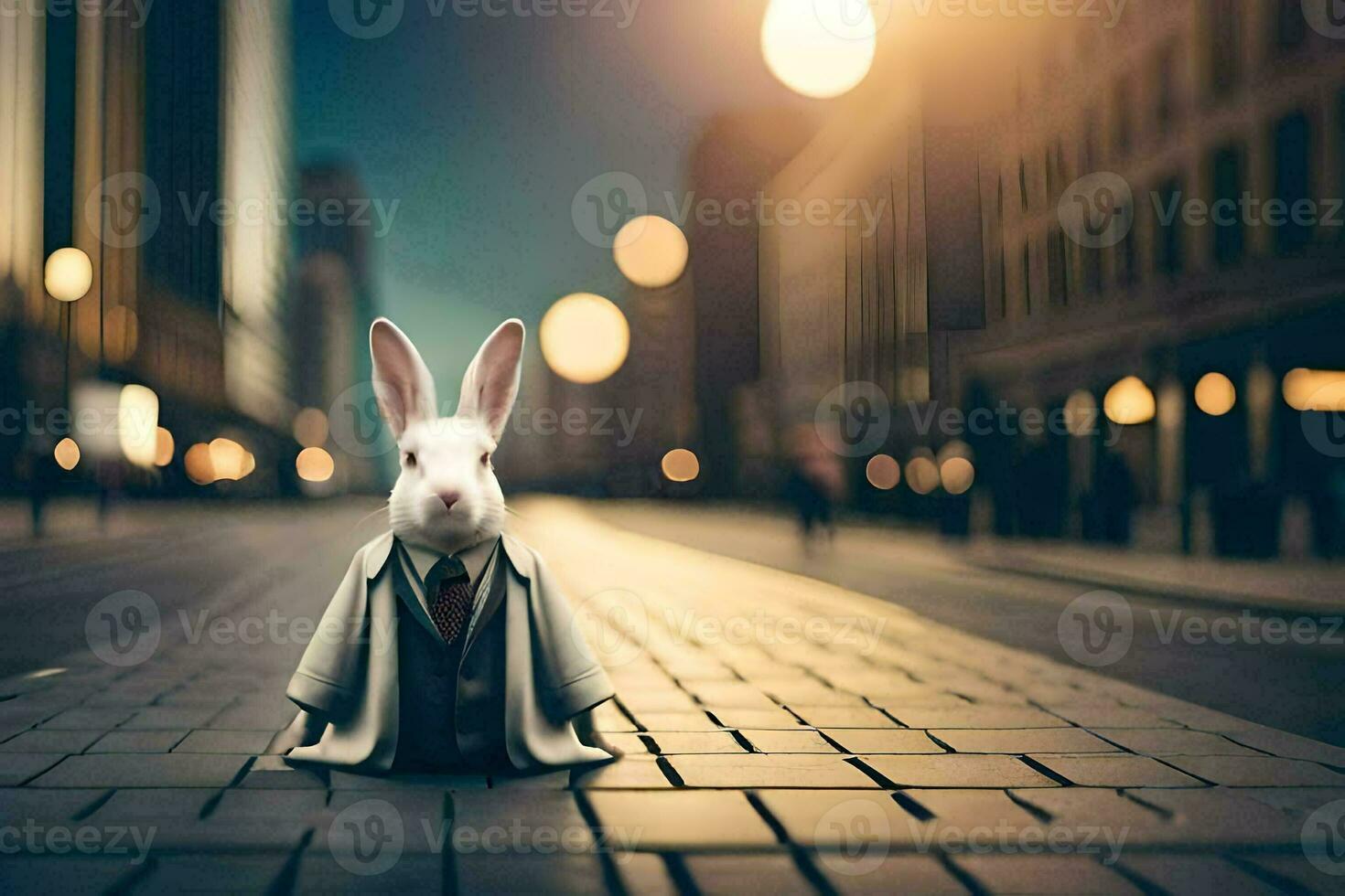 a rabbit dressed in a suit and tie sits on the street. AI-Generated photo
