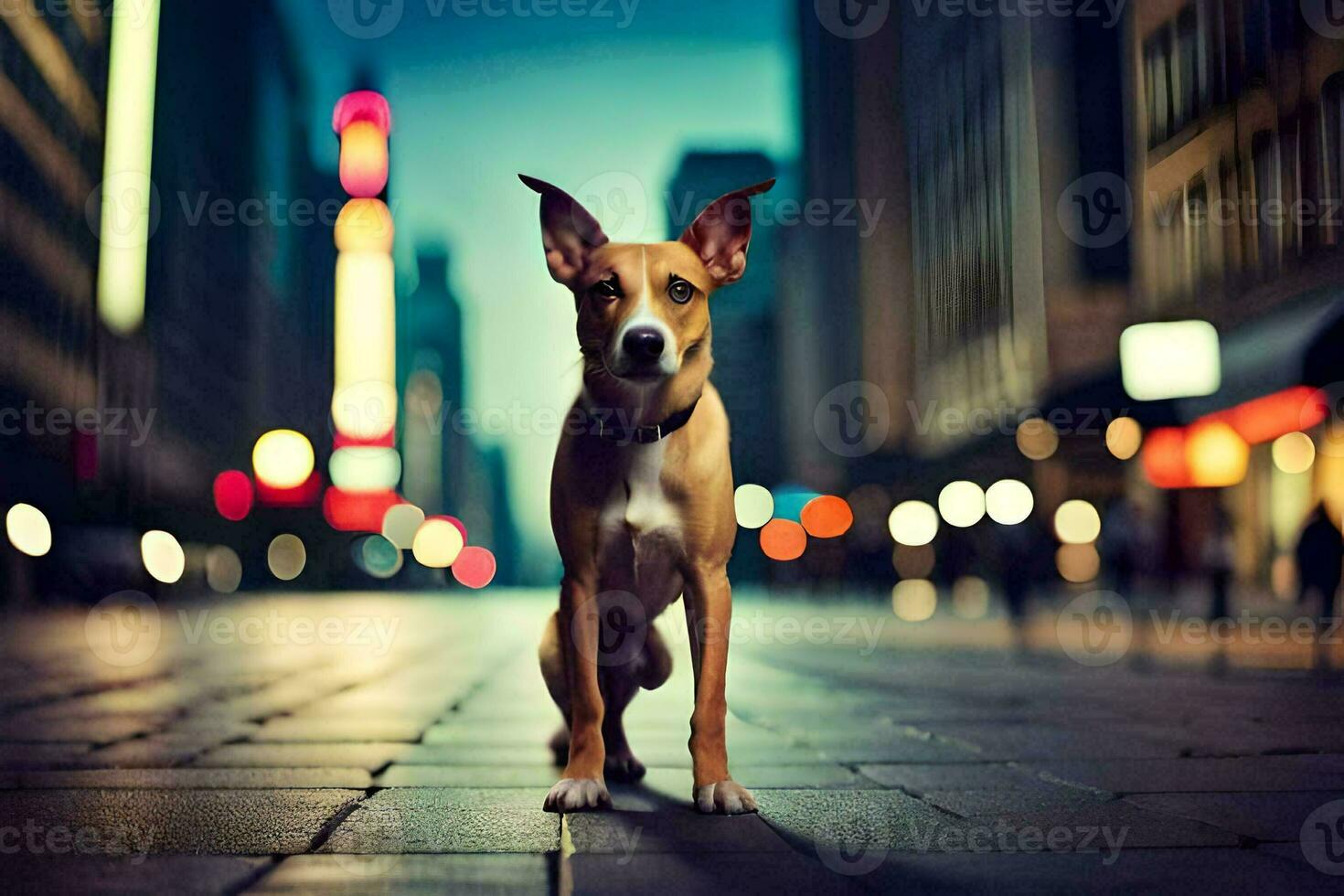 a dog standing on a city street at night. AI-Generated photo