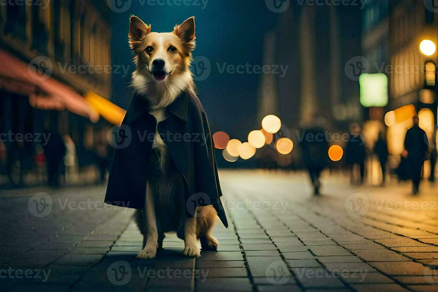 a dog in a coat standing on a street at night. AI-Generated photo