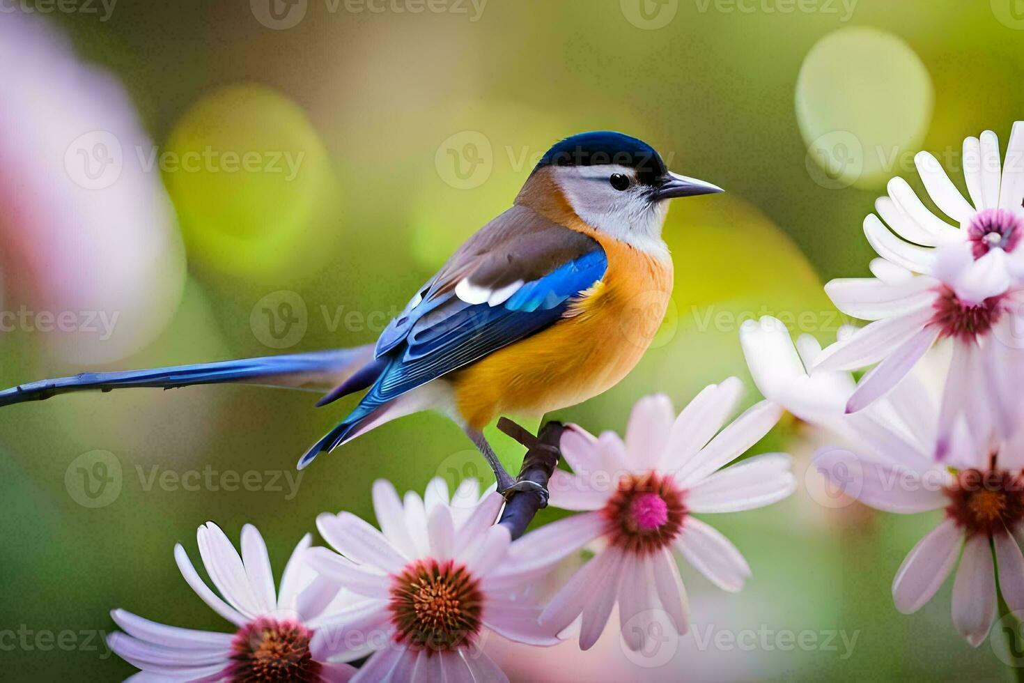 a bird is perched on some flowers. AI-Generated photo