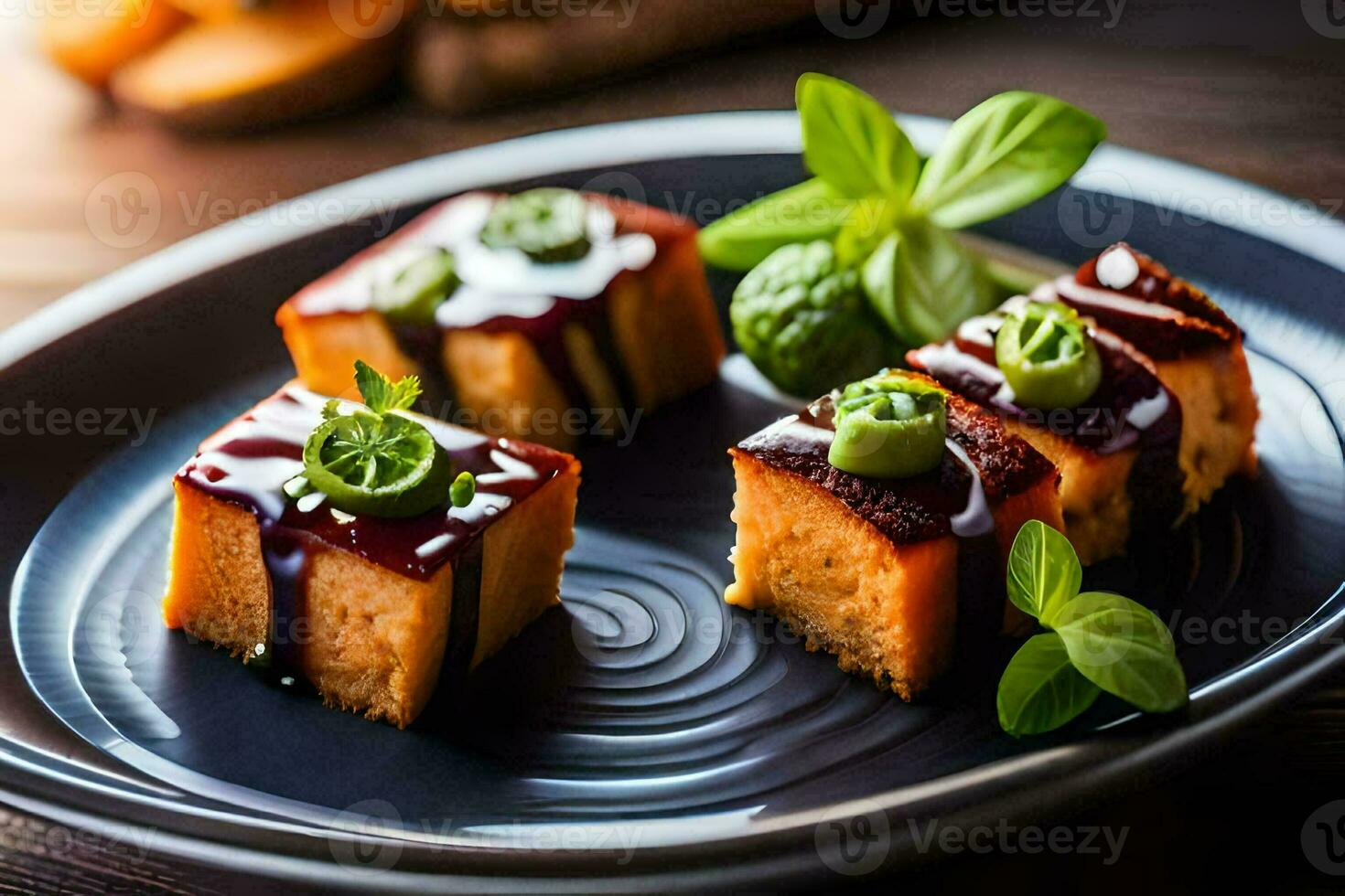 three pieces of cake with sauce on a black plate. AI-Generated photo
