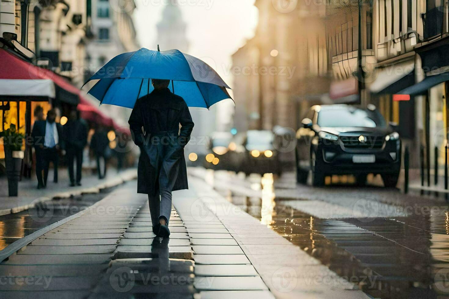 a person walking down a street with an umbrella. AI-Generated photo