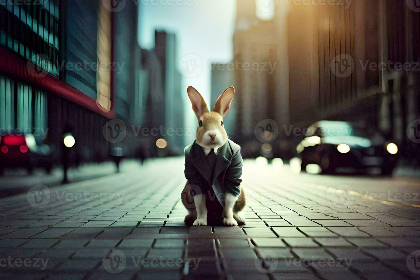 a rabbit in a suit sitting on the street. AI-Generated photo