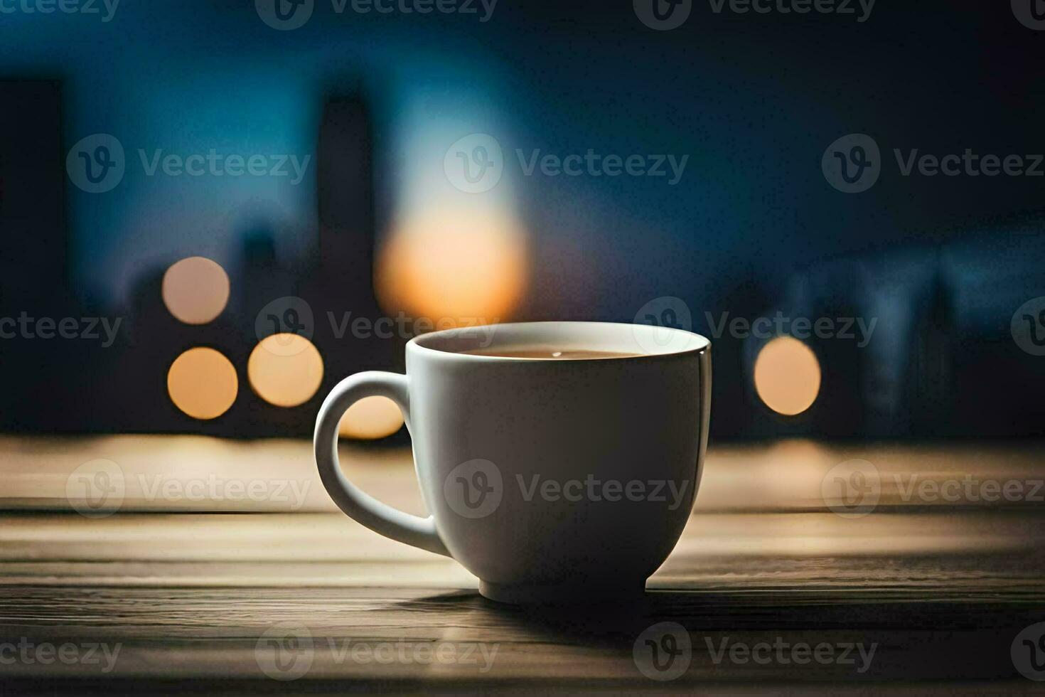 a cup of coffee on a table in front of a cityscape. AI-Generated photo