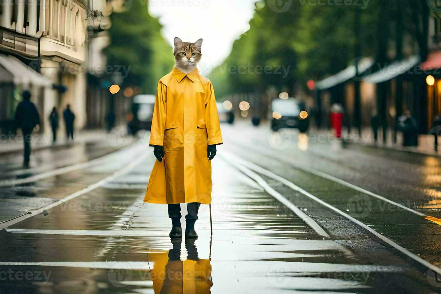 a fox wearing a yellow raincoat and walking on a wet street. AI-Generated photo