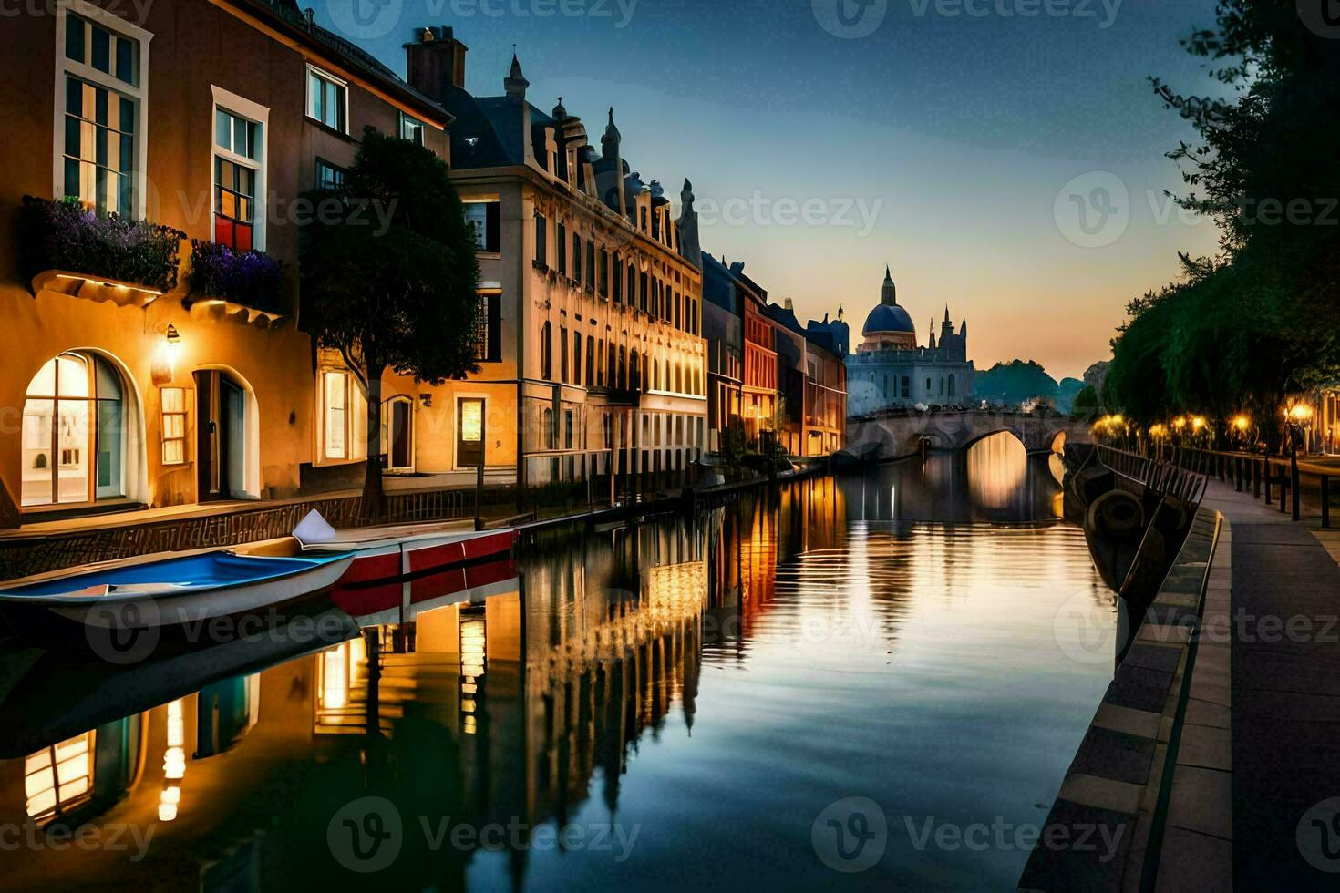 a canal in the middle of a city at dusk. AI-Generated photo