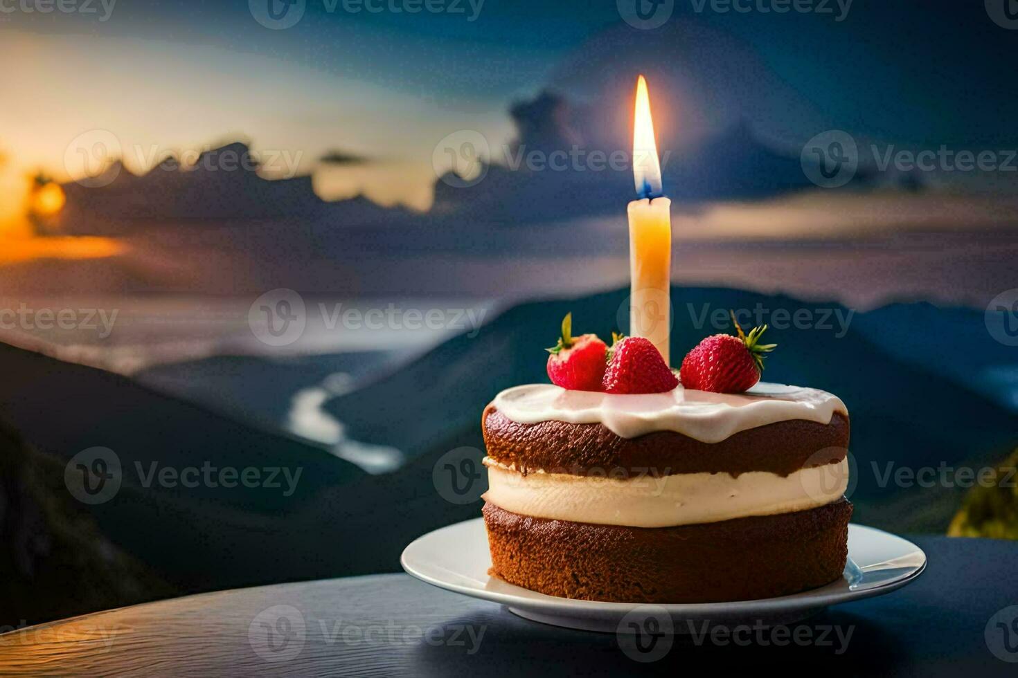 a cake with a single candle on top of a mountain. AI-Generated photo