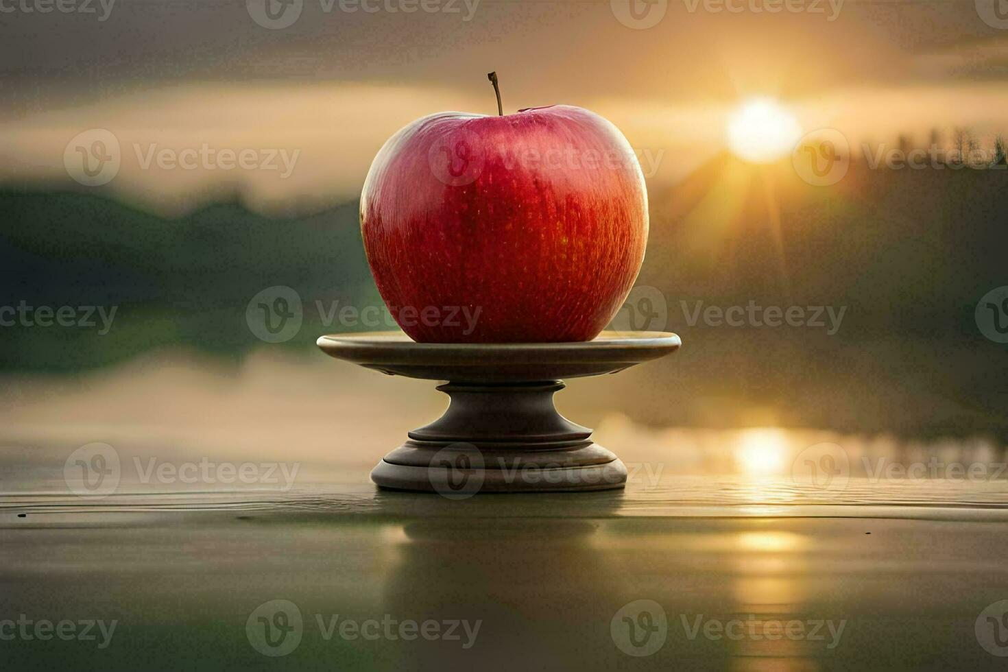 an apple sits on top of a wooden stand in front of a lake. AI-Generated photo