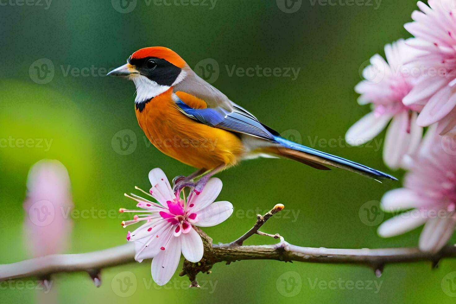 a colorful bird sits on a branch with pink flowers. AI-Generated photo
