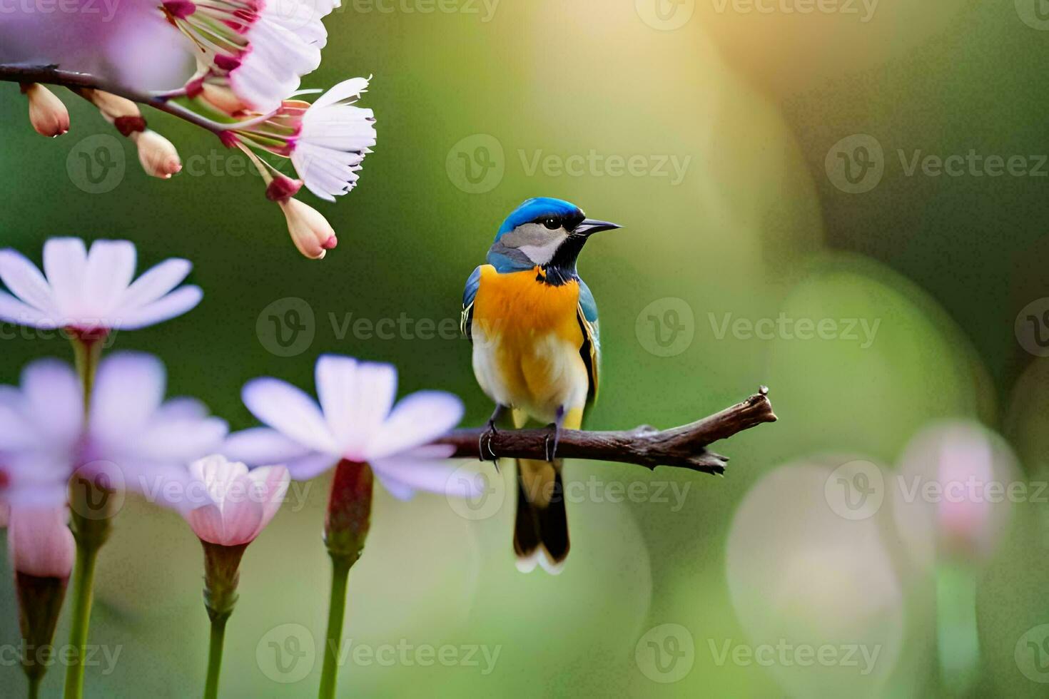 photo wallpaper the sky, flowers, bird, spring, the bird, spring, the bird,. AI-Generated