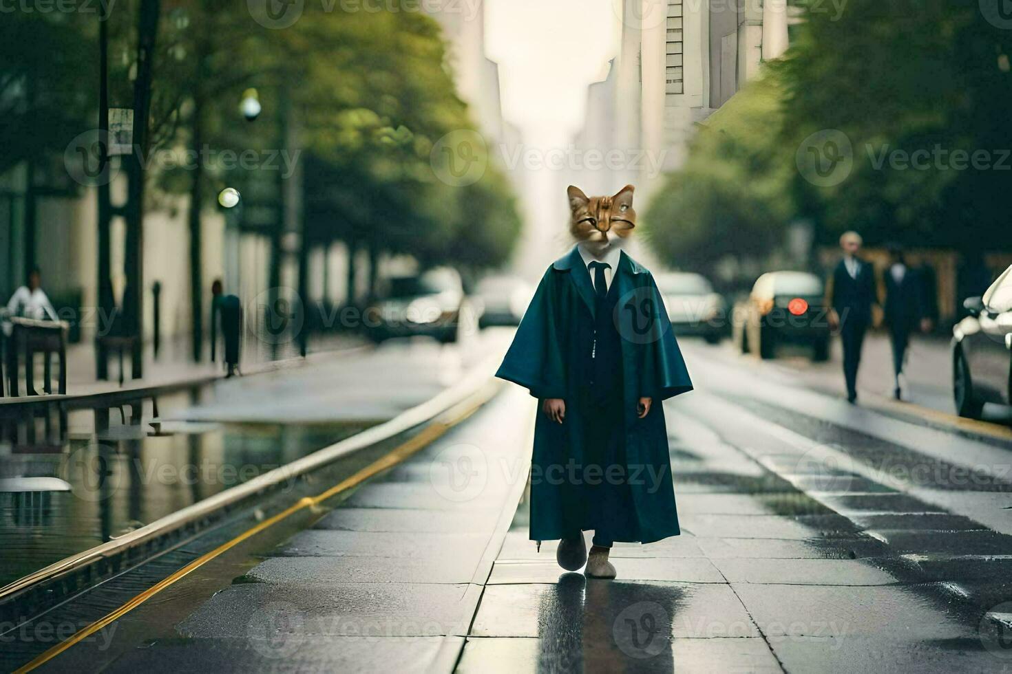a fox wearing a suit and tie walking down a street. AI-Generated photo