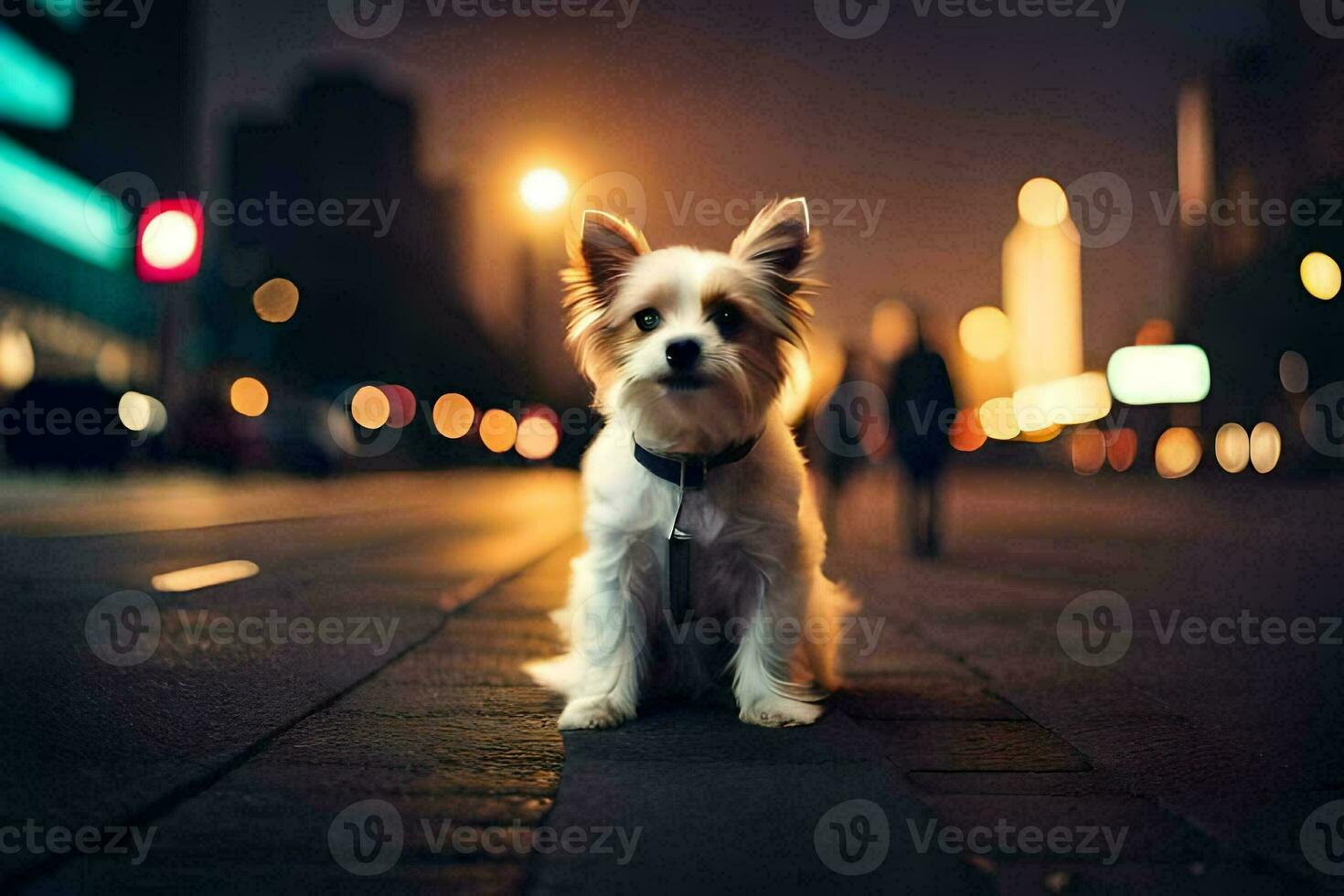 a small dog sitting on the street at night. AI-Generated photo
