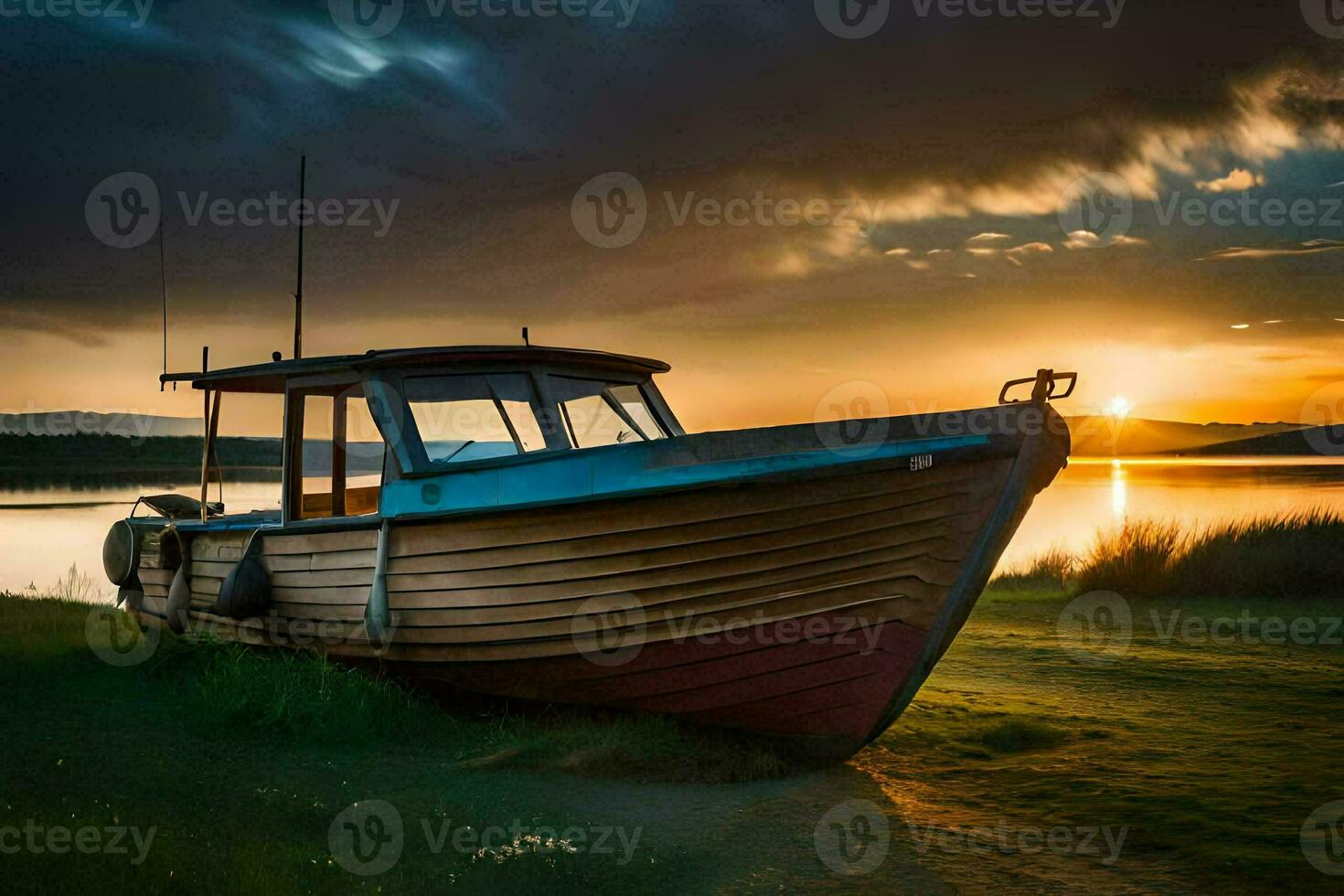 a boat sits on the shore at sunset. AI-Generated photo