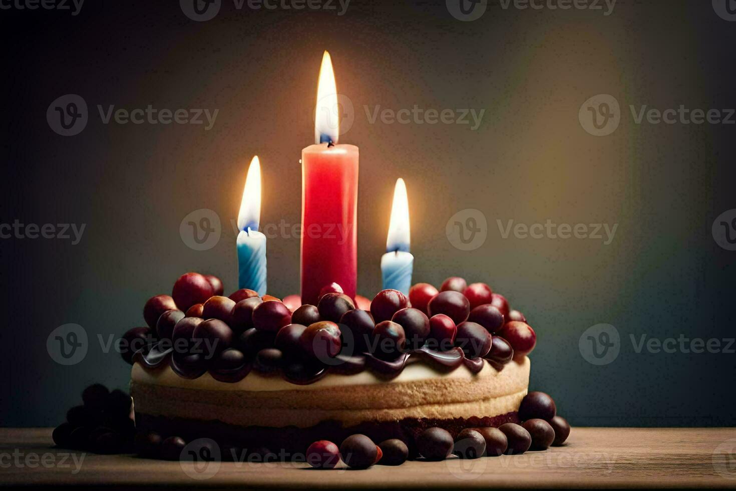 birthday cake with candles on a dark background. AI-Generated photo