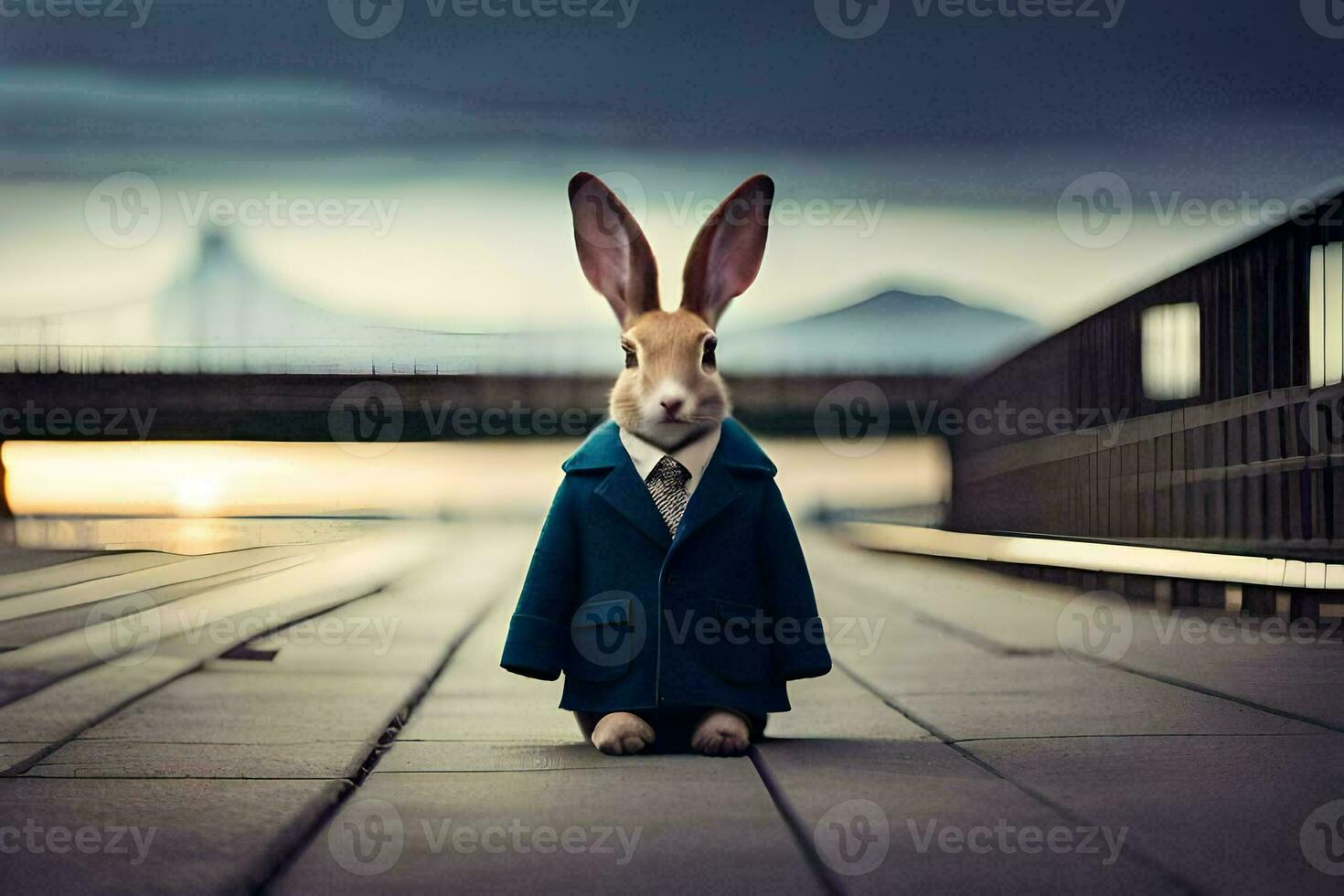 a rabbit wearing a suit and tie on a bridge. AI-Generated photo