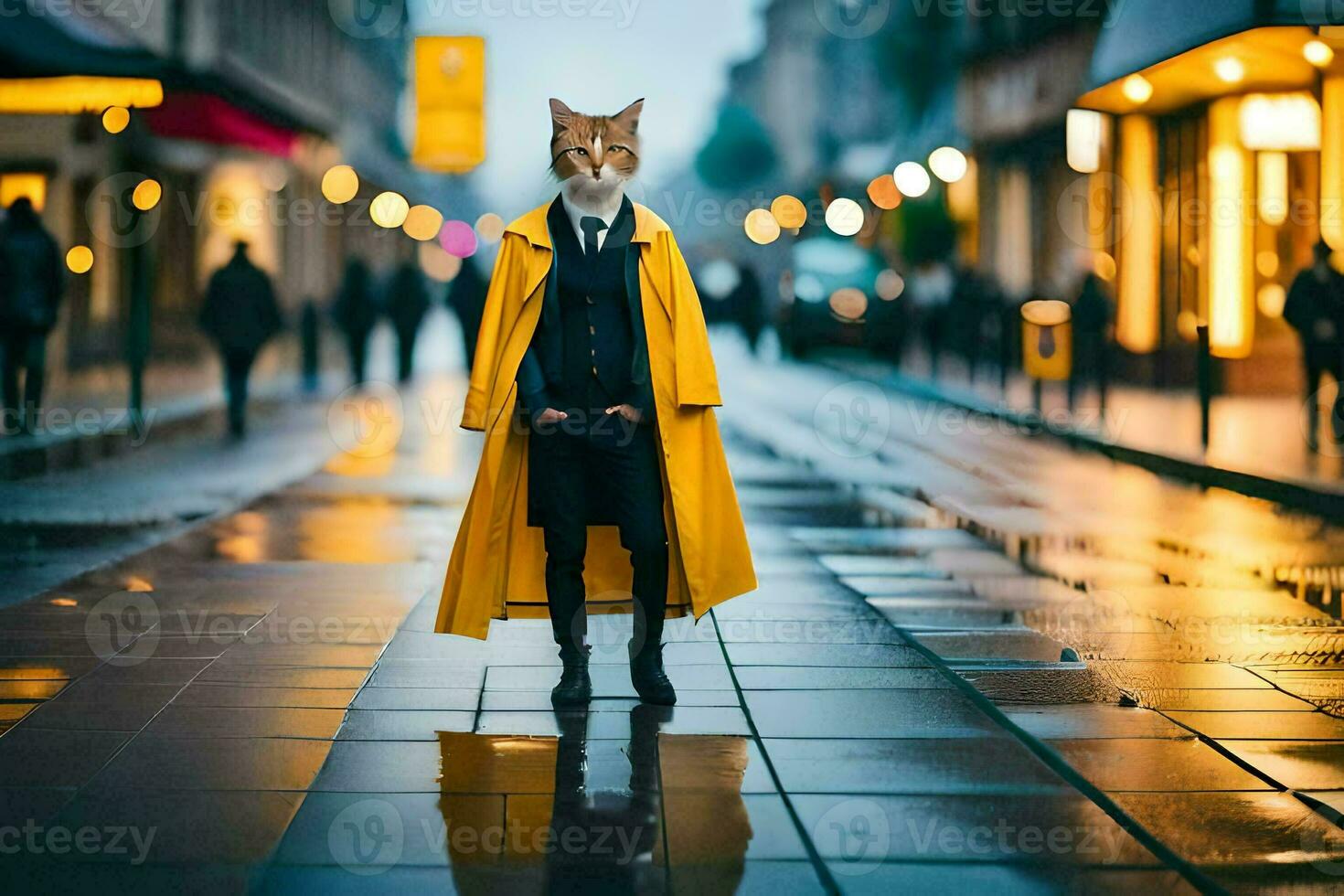 a fox wearing a yellow coat and standing on a wet street. AI-Generated photo