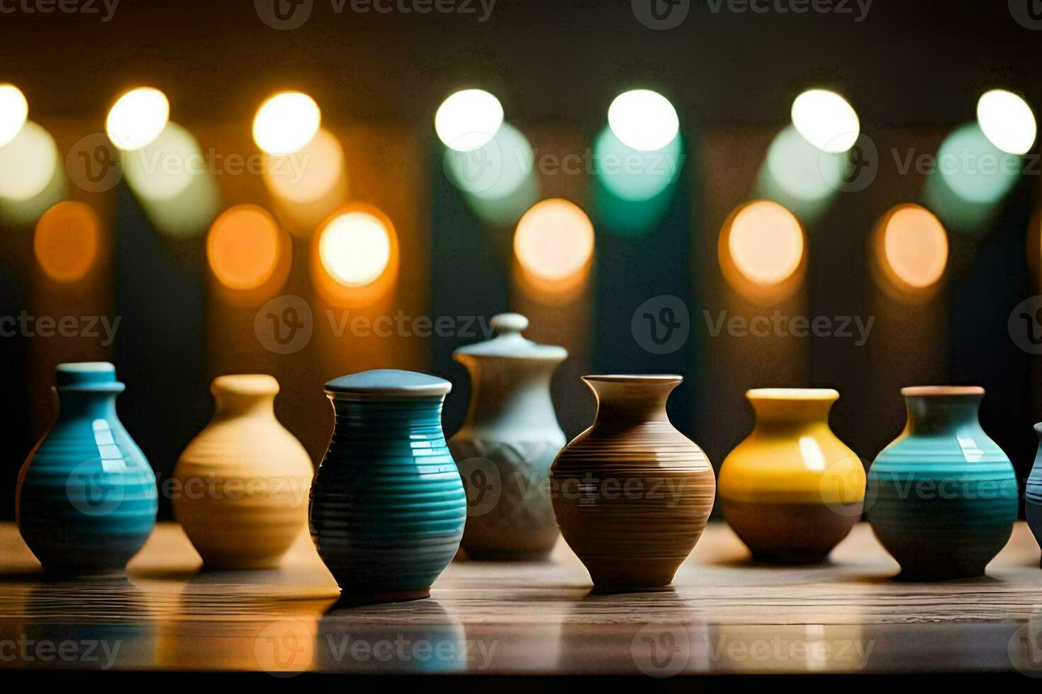 a row of colorful vases sit on a table. AI-Generated photo