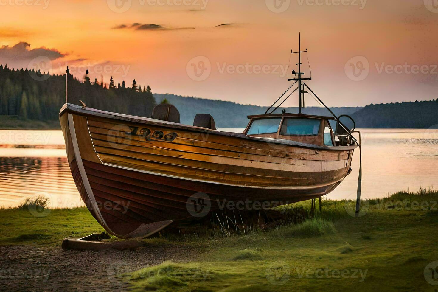 a boat sits on the shore of a lake at sunset. AI-Generated photo