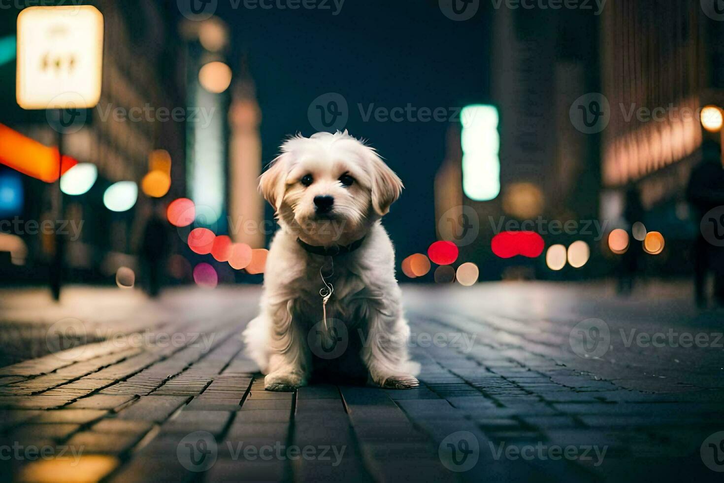 a small white dog sitting on the street at night. AI-Generated photo