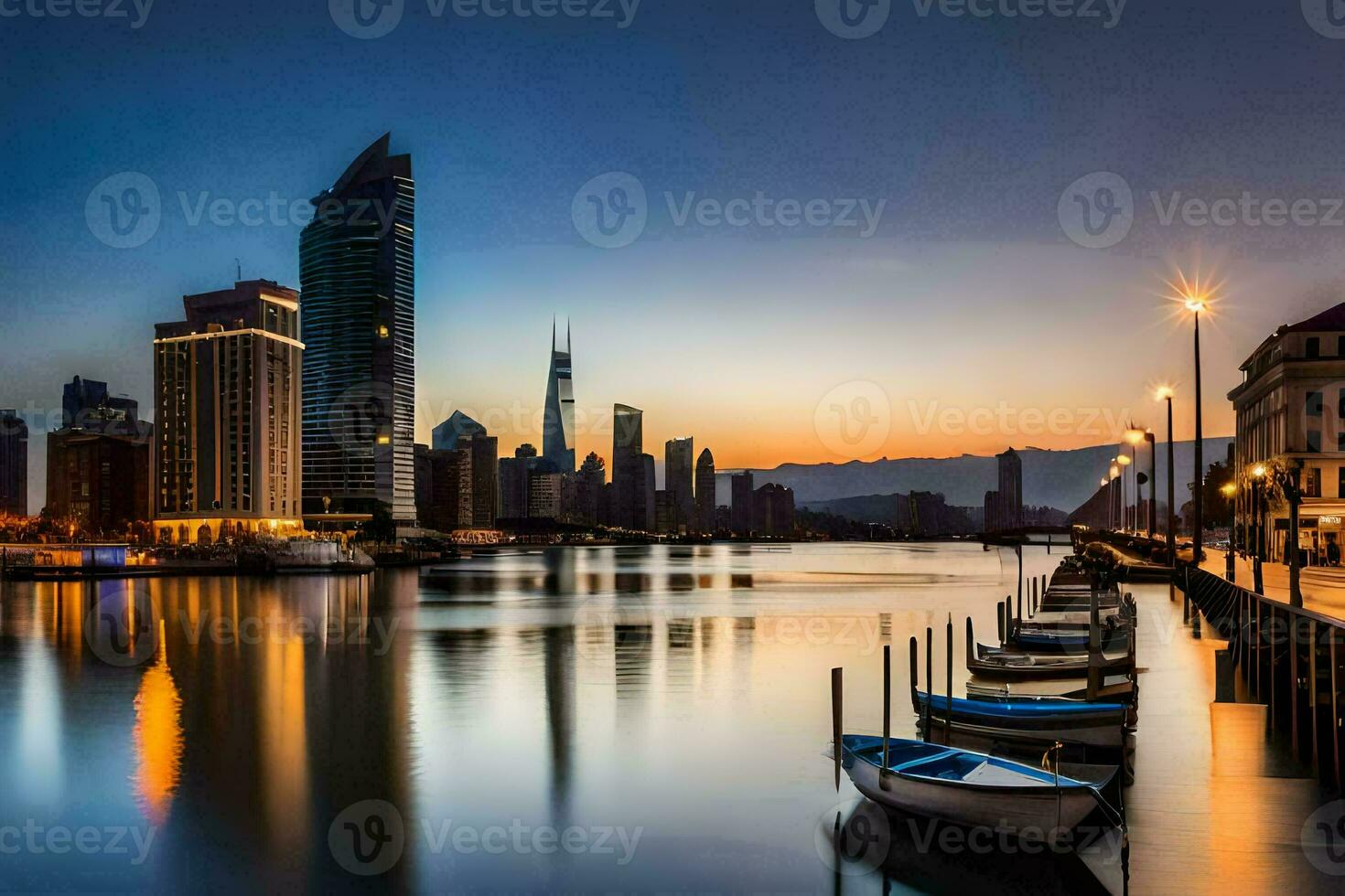 boats are docked in the water at sunset. AI-Generated photo