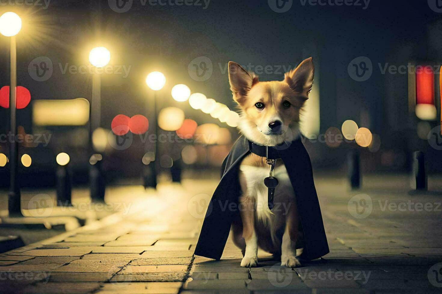 a dog dressed in a cape standing on a street at night. AI-Generated photo