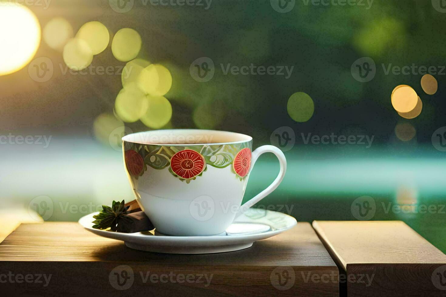un taza de té en un de madera mesa con un ver de el agua. generado por ai foto