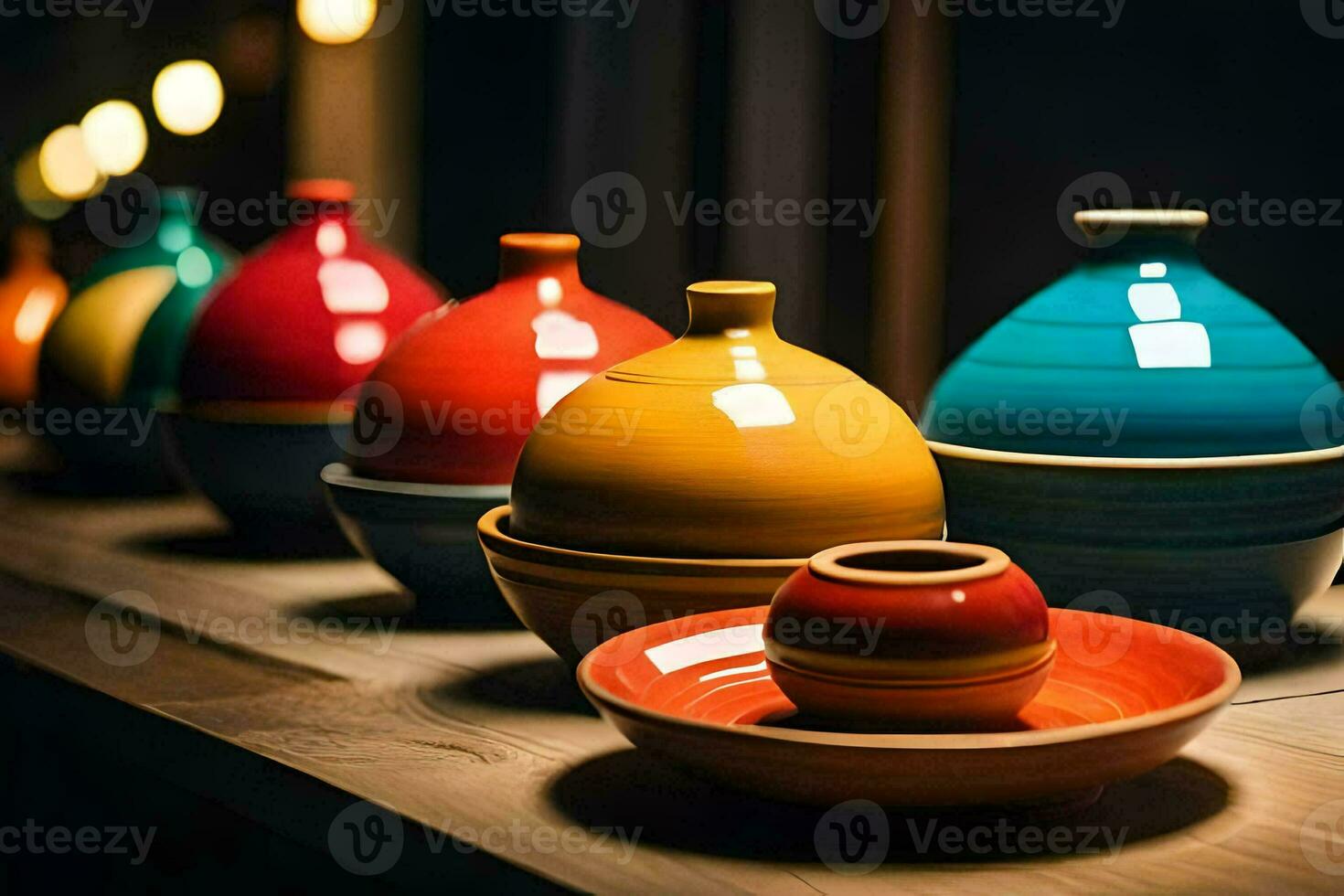 colorful ceramic bowls lined up on a table. AI-Generated photo
