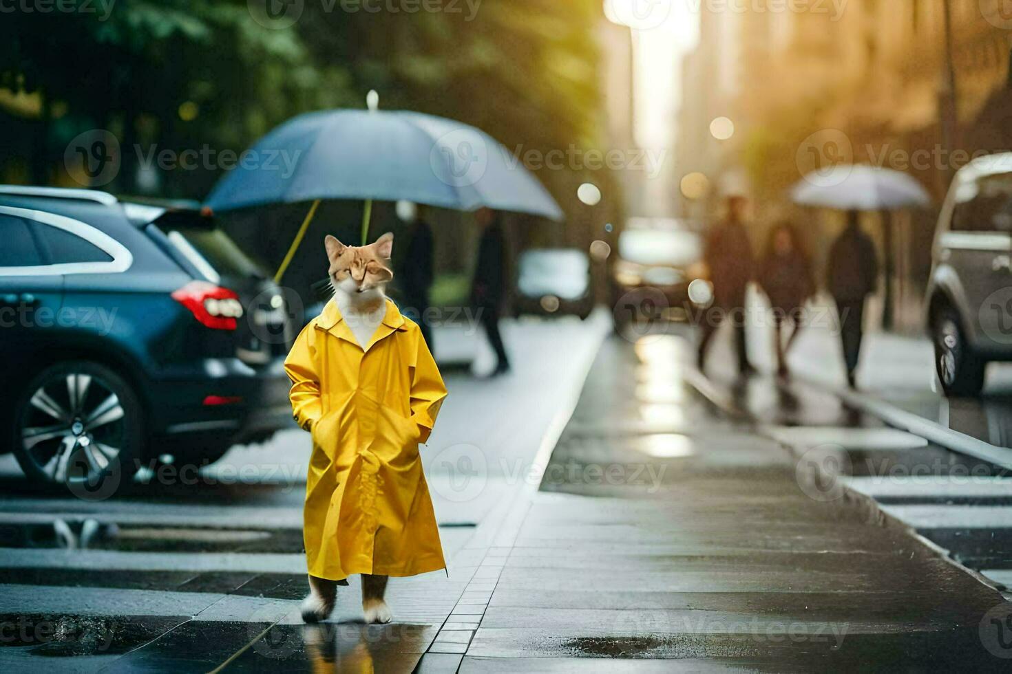 a cat in a raincoat walking down a street. AI-Generated photo